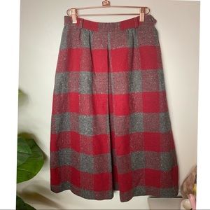 Red & Grey Retro Mid-Calf Plaid Skirt with Pockets
